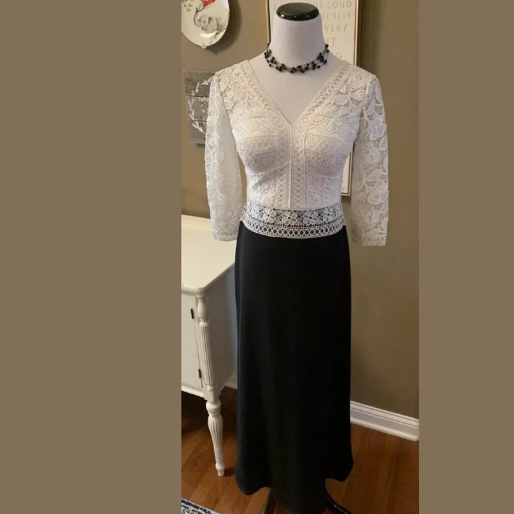 NEW TADASHI SHOJI V Neck Lace Stretch Crepe Gown